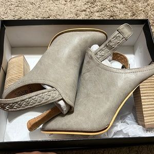 Grey mule style booties thick heel
